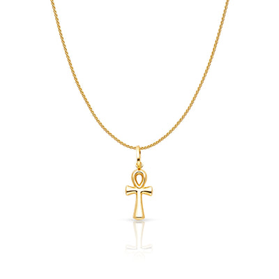 14K Gold Egyptian Ankh Cross Charm Pendant with 0.9mm Wheat Chain Necklace