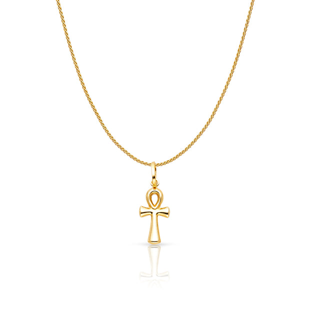 14K Gold Egyptian Ankh Cross Charm Pendant with 0.9mm Wheat Chain Necklace