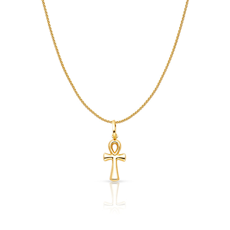14K Gold Egyptian Ankh Cross Charm Pendant with 0.9mm Wheat Chain Necklace