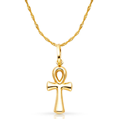 14K Gold Egyptian Ankh Cross Pendant with 0.9mm Singapore Chain