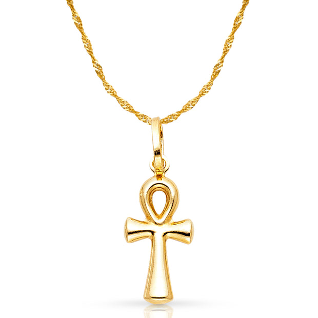 14K Gold Egyptian Ankh Cross Pendant with 0.9mm Singapore Chain