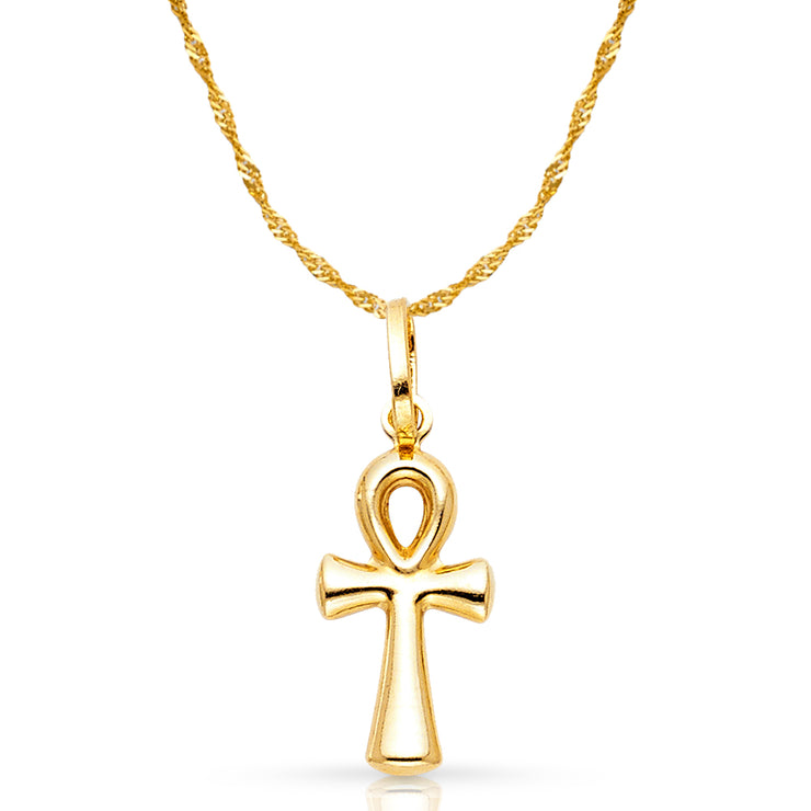14K Gold Egyptian Ankh Cross Pendant with 0.9mm Singapore Chain