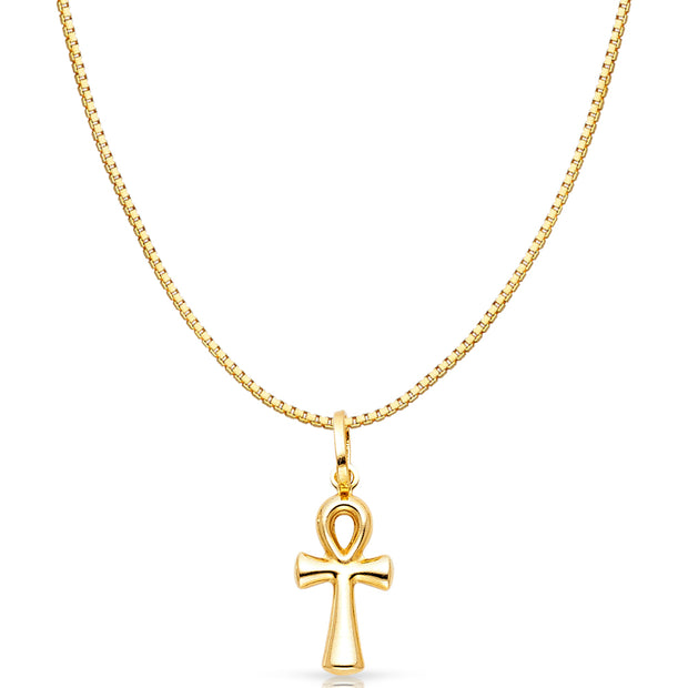 14K Gold Egyptian Ankh Cross Religious Charm Pendant with 0.8mm Box Chain Necklace