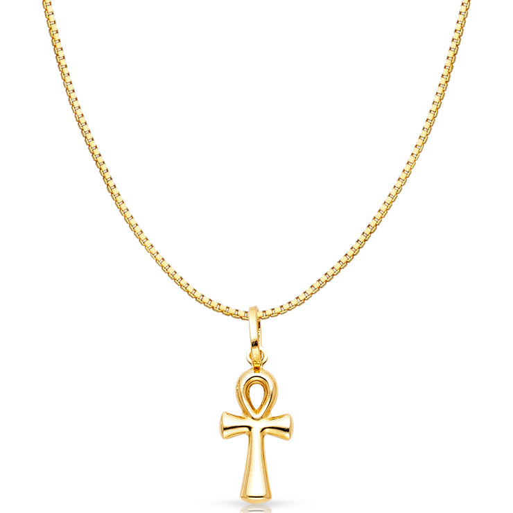 14K Gold Egyptian Ankh Cross Religious Charm Pendant with 0.8mm Box Chain Necklace