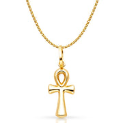 14K Gold Egyptian Ankh Cross Pendant with 1.2mm Flat Open Wheat Chain
