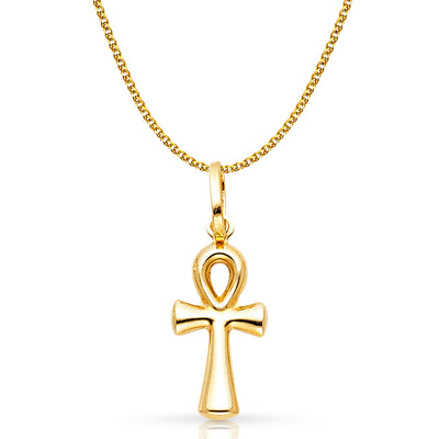 14K Gold Egyptian Ankh Cross Pendant with 1.2mm Flat Open Wheat Chain