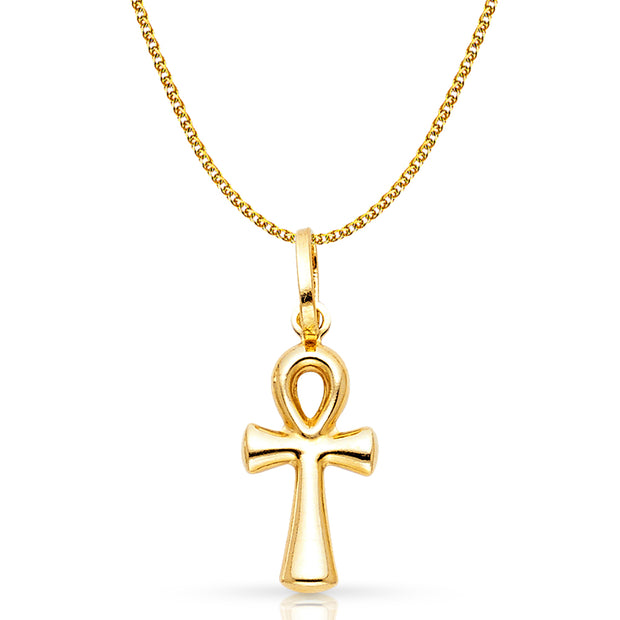 14K Gold Egyptian Ankh Cross Pendant with 1.2mm Flat Open Wheat Chain