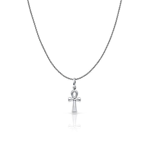 14K Gold Egyptian Ankh Cross Charm Pendant with 0.9mm Wheat Chain Necklace