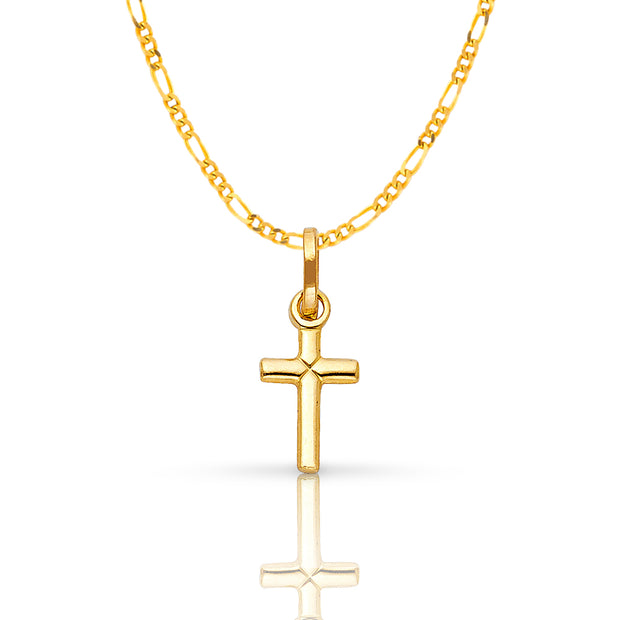 14K Gold Plain Cross Pendant with 1.6mm Figaro 3+1 Chain