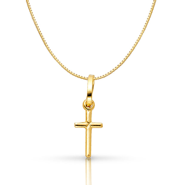 14K Gold Plain Cross Religious Charm Pendant with 0.8mm Box Chain Necklace