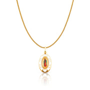 14K Gold Guadalupe Enamel Charm Pendant with 1.1mm Wheat Chain Necklace