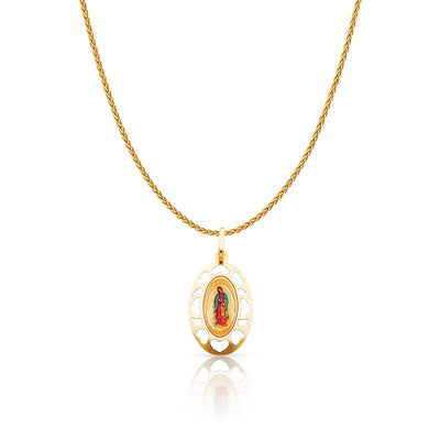 14K Gold Guadalupe Enamel Charm Pendant with 1.1mm Wheat Chain Necklace