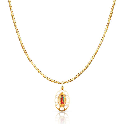 14K Gold Guadalupe Enamel Religious Charm Pendant with 1.2mm Box Chain Necklace