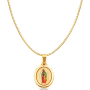 14K Gold Guadalupe Enamel Religious Charm Pendant with 0.8mm Box Chain Necklace