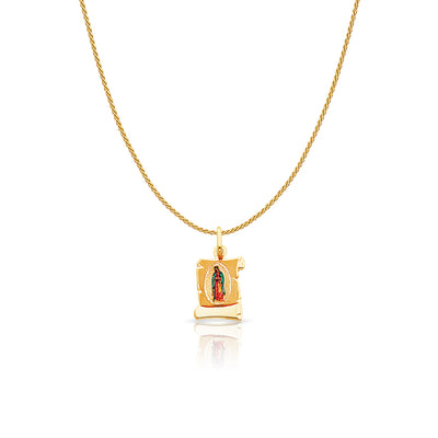 14K Gold Guadalupe Enamel Charm Pendant with 0.9mm Wheat Chain Necklace