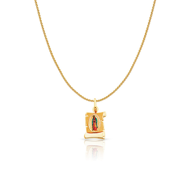 14K Gold Guadalupe Enamel Charm Pendant with 0.9mm Wheat Chain Necklace