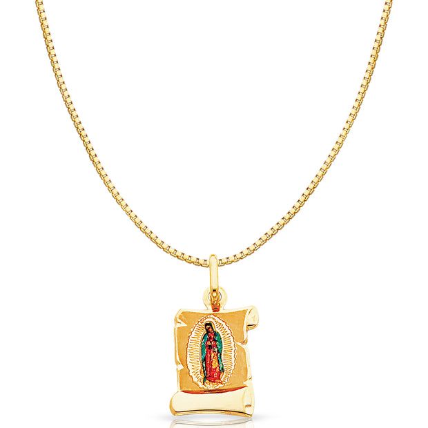 14K Gold Guadalupe Enamel Religious Charm Pendant with 0.8mm Box Chain Necklace