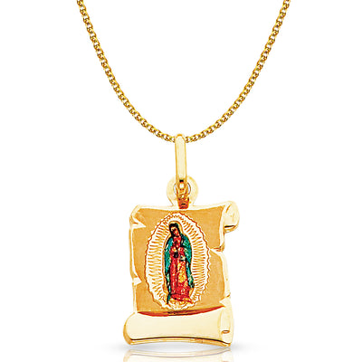 14K Gold Guadalupe Enamel Pendant with 1.2mm Flat Open Wheat Chain