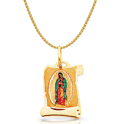 14K Gold Guadalupe Enamel Pendant with 1.2mm Flat Open Wheat Chain