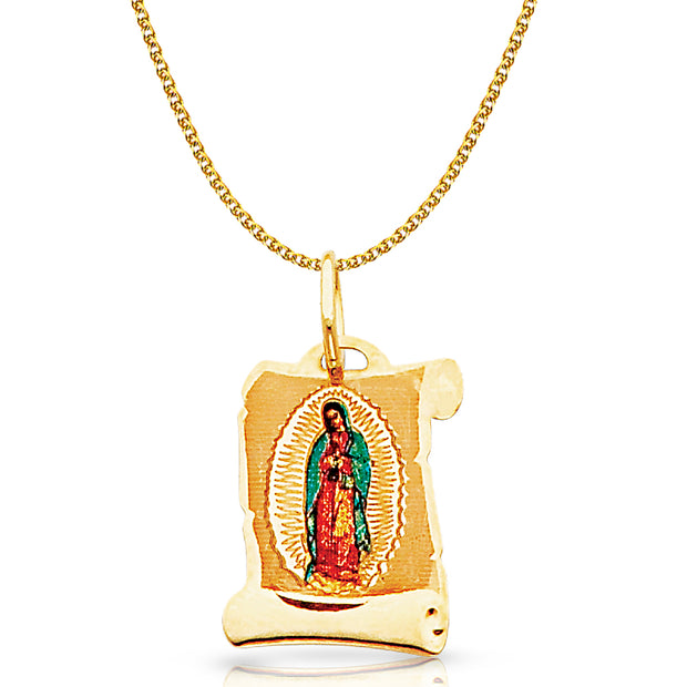 14K Gold Guadalupe Enamel Pendant with 1.2mm Flat Open Wheat Chain