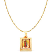 14K Gold Guadalupe Enamel Religious Charm Pendant with 0.8mm Box Chain Necklace