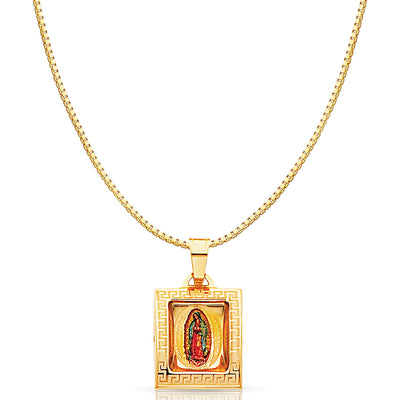 14K Gold Guadalupe Enamel Religious Charm Pendant with 0.8mm Box Chain Necklace