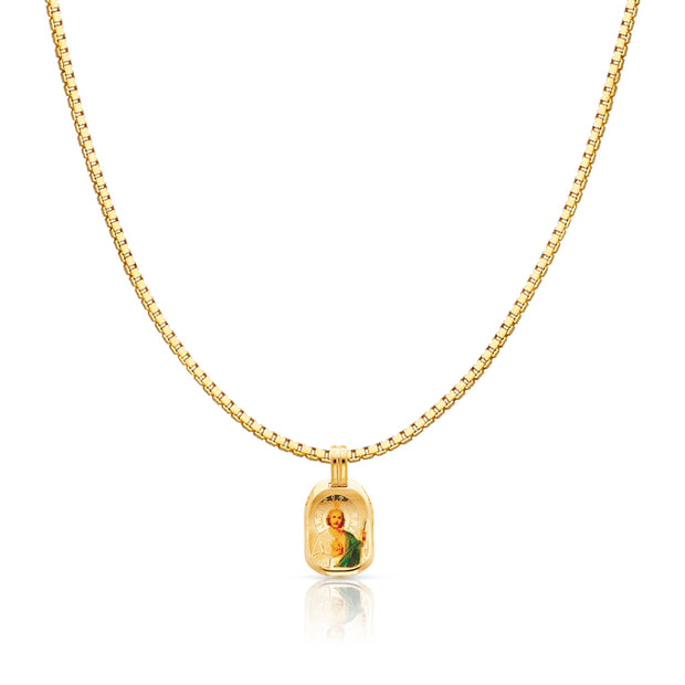 14K Gold St. Jude Enamel Religious Charm Pendant with 1.2mm Box Chain Necklace