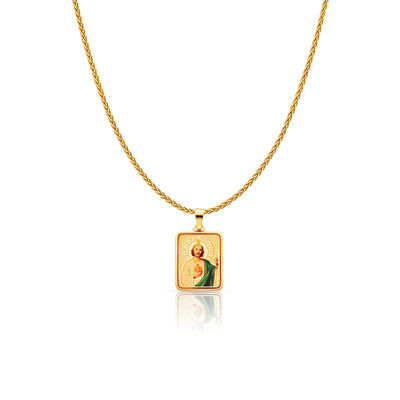 14K Gold St. Jude Enamel Charm Pendant with 1.1mm Wheat Chain Necklace