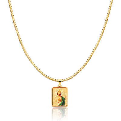 14K Gold St. Jude Enamel Religious Charm Pendant with 1.2mm Box Chain Necklace