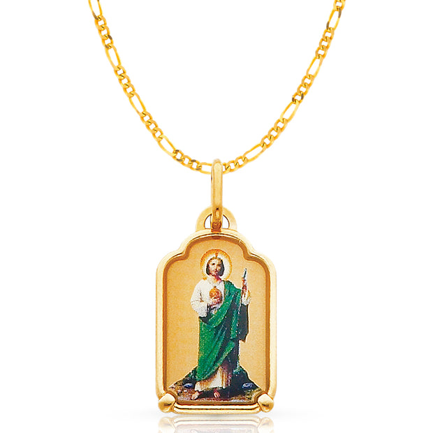 14K Gold St. Jude Enamel Pendant with 2mm Figaro 3+1 Chain