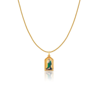 14K Gold St. Jude Enamel Charm Pendant with 0.9mm Wheat Chain Necklace