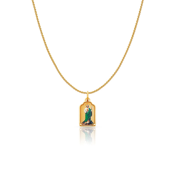 14K Gold St. Jude Enamel Charm Pendant with 0.9mm Wheat Chain Necklace