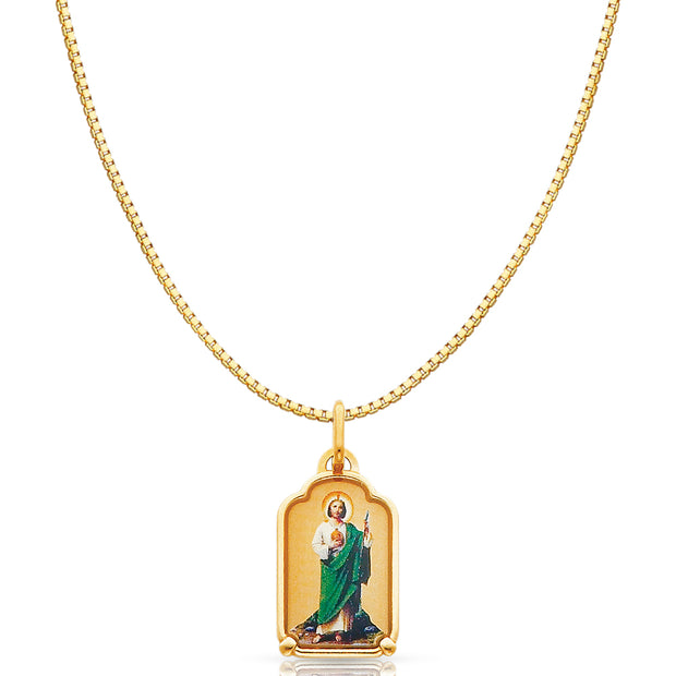 14K Gold St. Jude Enamel Religious Charm Pendant with 0.8mm Box Chain Necklace
