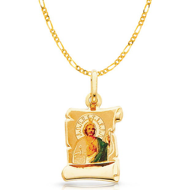 14K Gold St. Jude Enamel Pendant with 2mm Figaro 3+1 Chain