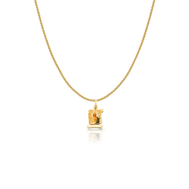 14K Gold St. Jude Enamel Charm Pendant with 0.9mm Wheat Chain Necklace