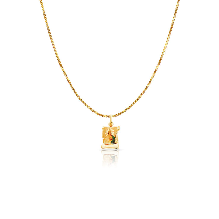 14K Gold St. Jude Enamel Charm Pendant with 0.9mm Wheat Chain Necklace