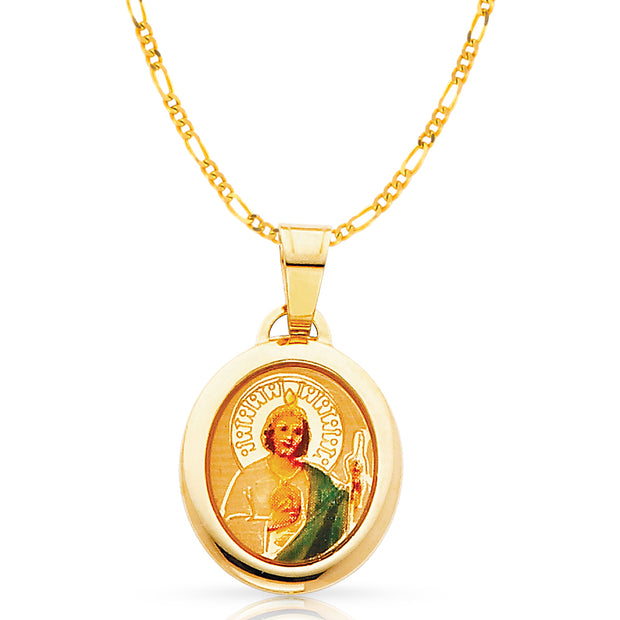 14K Gold St. Jude Enamel Pendant with 2mm Figaro 3+1 Chain