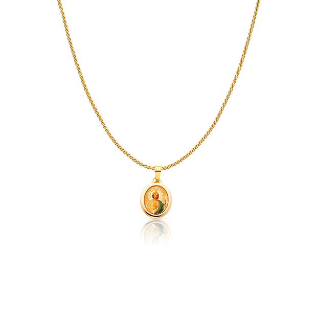 14K Gold St. Jude Enamel Charm Pendant with 0.9mm Wheat Chain Necklace
