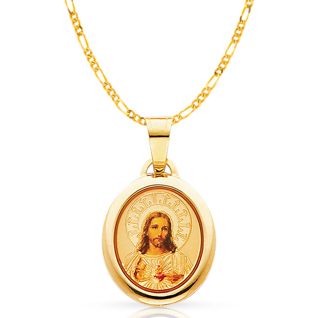 14K Gold Jesus Heart Enamel Pendant with 2mm Figaro 3+1 Chain