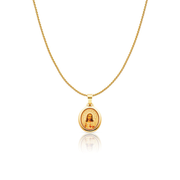 14K Gold Jesus Heart Enamel Charm Pendant with 0.9mm Wheat Chain Necklace