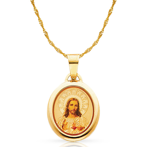 14K Gold Jesus Heart Enamel Pendant with 0.9mm Singapore Chain