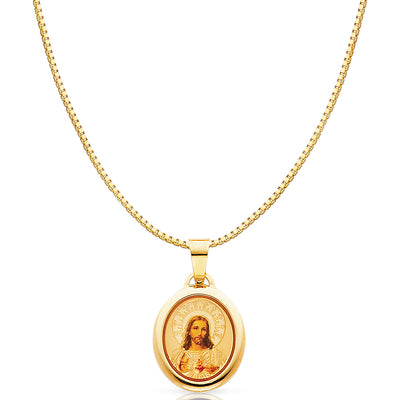 14K Gold Jesus Heart Enamel Religious Charm Pendant with 0.8mm Box Chain Necklace