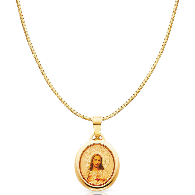 14K Gold Jesus Heart Enamel Religious Charm Pendant with 0.8mm Box Chain Necklace