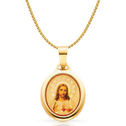 14K Gold Jesus Heart Enamel Pendant with 1.2mm Flat Open Wheat Chain