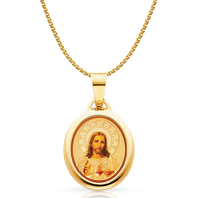 14K Gold Jesus Heart Enamel Pendant with 1.2mm Flat Open Wheat Chain