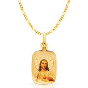 14K Gold Jesus Heart Enamel Pendant with 2mm Figaro 3+1 Chain