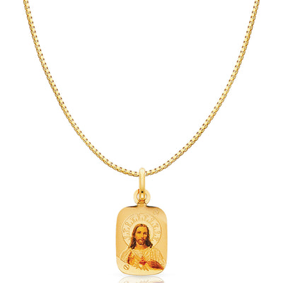 14K Gold Jesus Heart Enamel Religious Charm Pendant with 0.8mm Box Chain Necklace