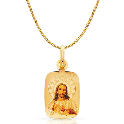 14K Gold Jesus Heart Enamel Pendant with 1.2mm Flat Open Wheat Chain