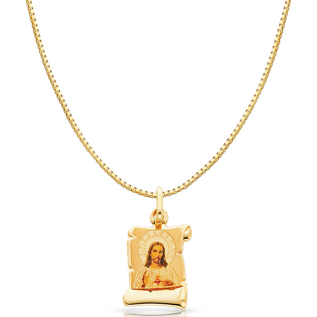 14K Gold Jesus Heart Enamel Religious Charm Pendant with 0.8mm Box Chain Necklace