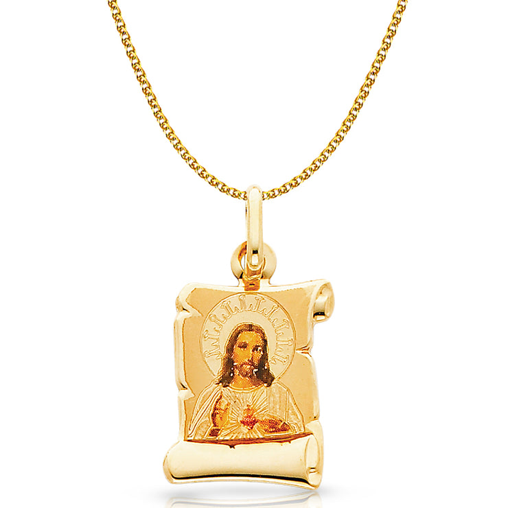 14K Gold Jesus Heart Enamel Pendant with 1.2mm Flat Open Wheat Chain